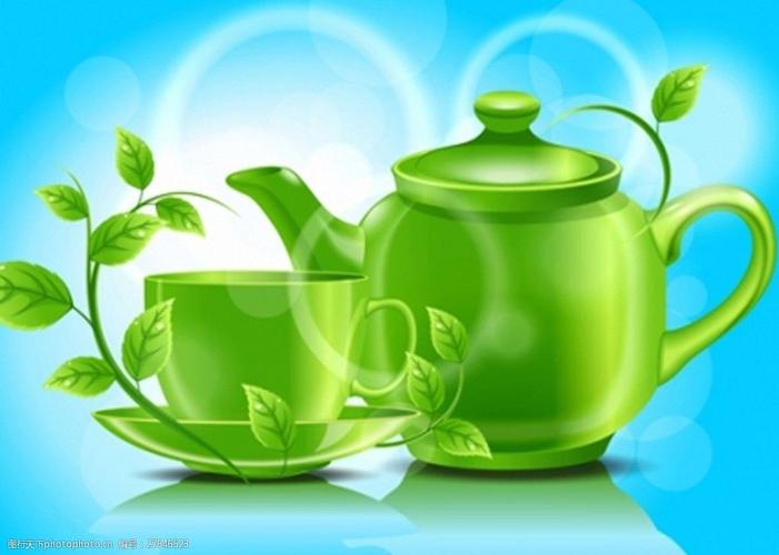 茶杯茶壶和绿叶背景矢量免费图片-图行天下图库